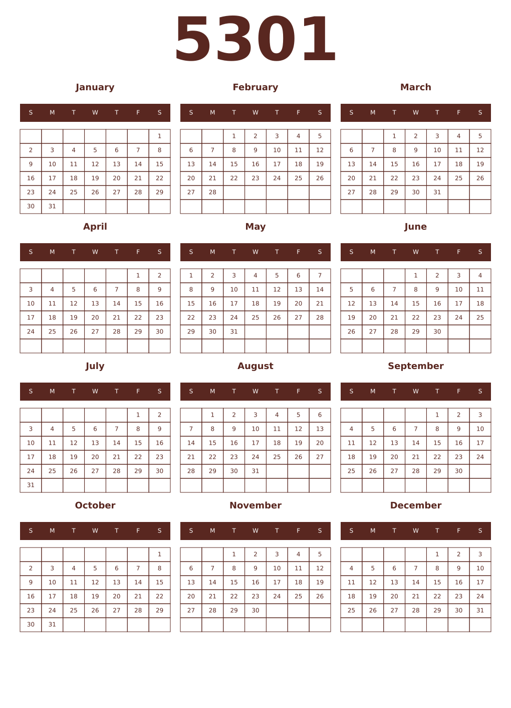 Printable 5301 Year Calendars mortuum
