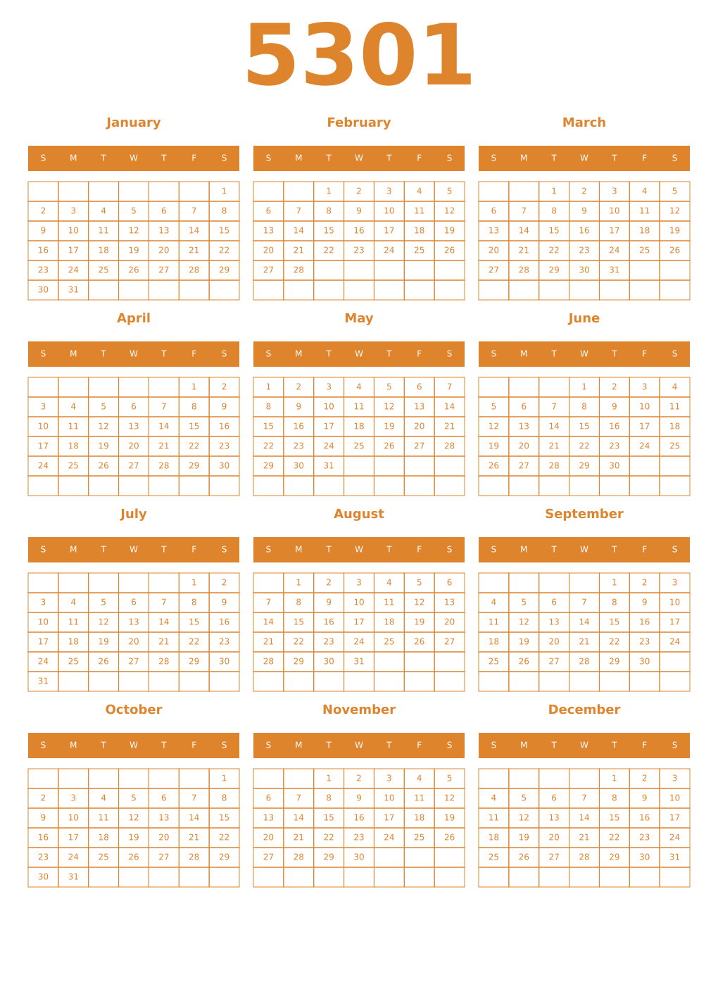 Printable 5301 Year Calendars orange