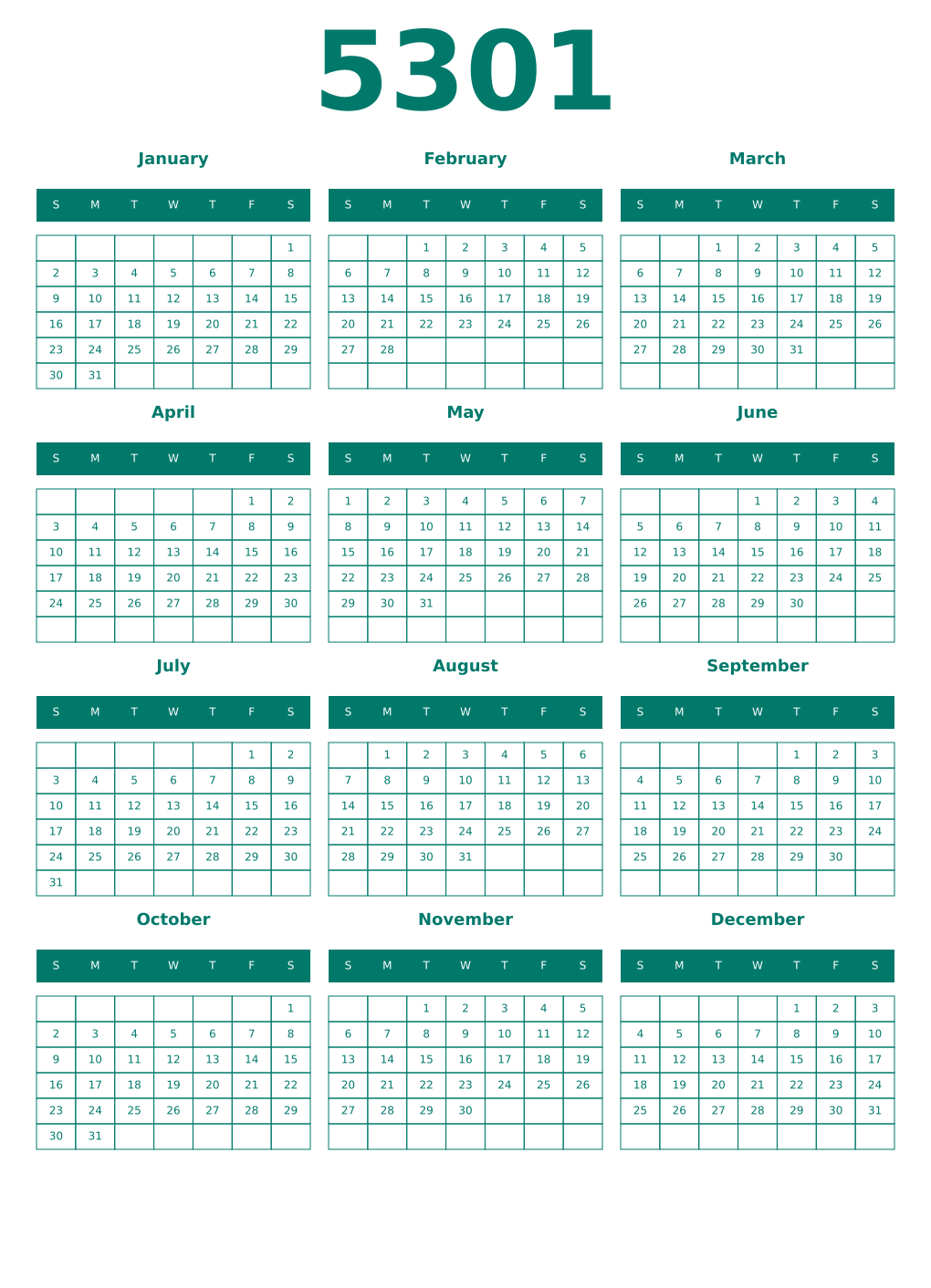 Printable 5301 Year Calendars pastel