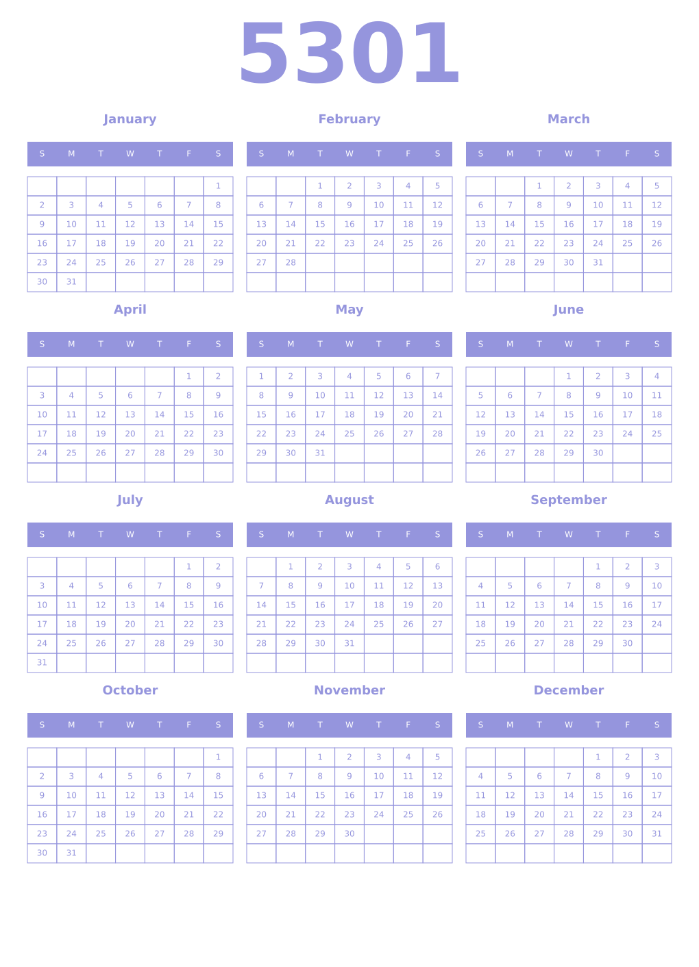 Printable 5301 Year Calendars periwinkle