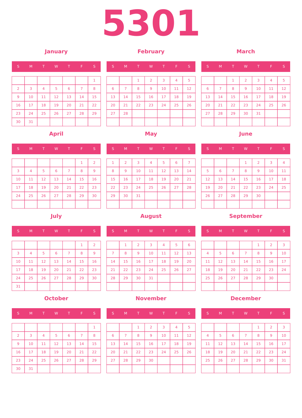 Printable 5301 Year Calendars pink