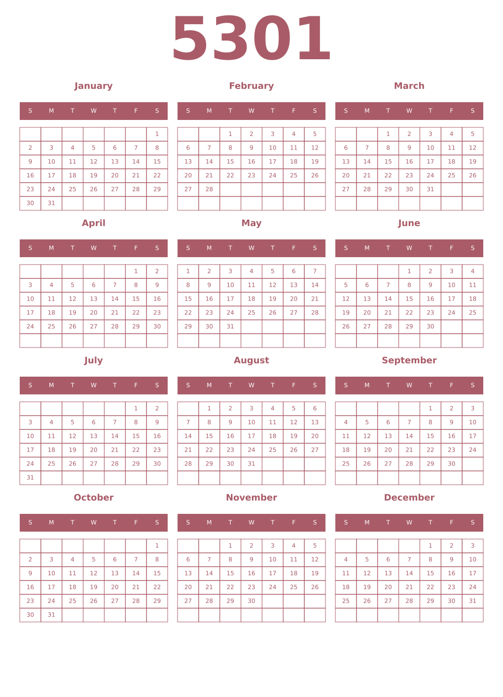 Printable 5301 Year Calendars puce