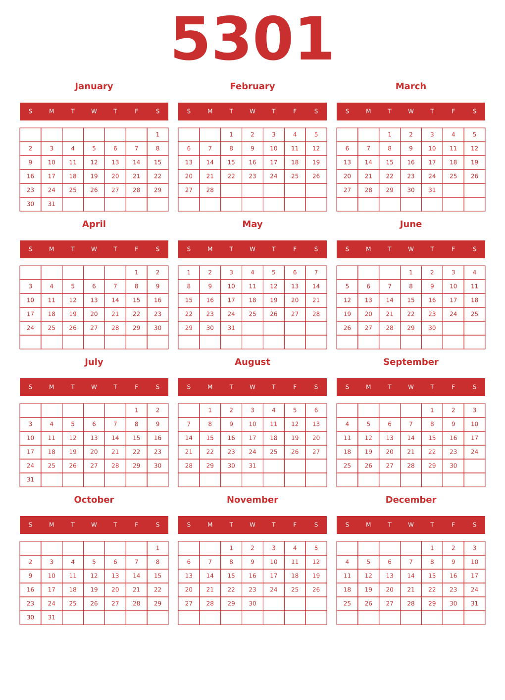 Printable 5301 Year Calendars red