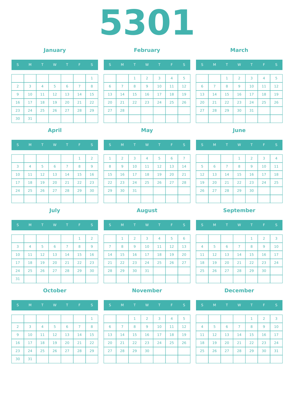 Printable 5301 Year Calendars verdigris