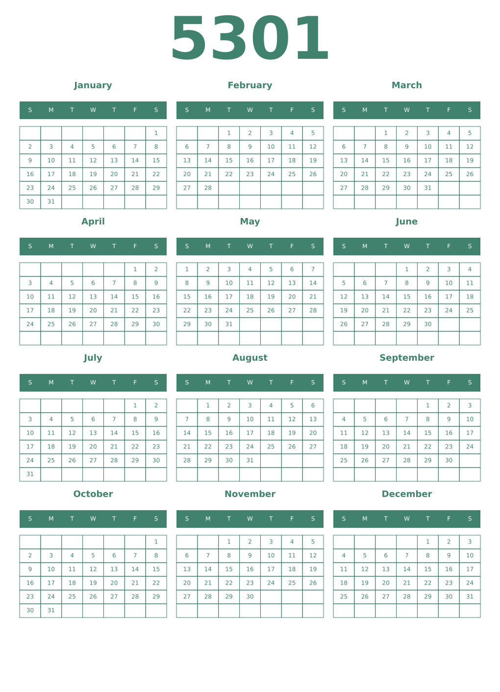Printable 5301 Year Calendars viridian