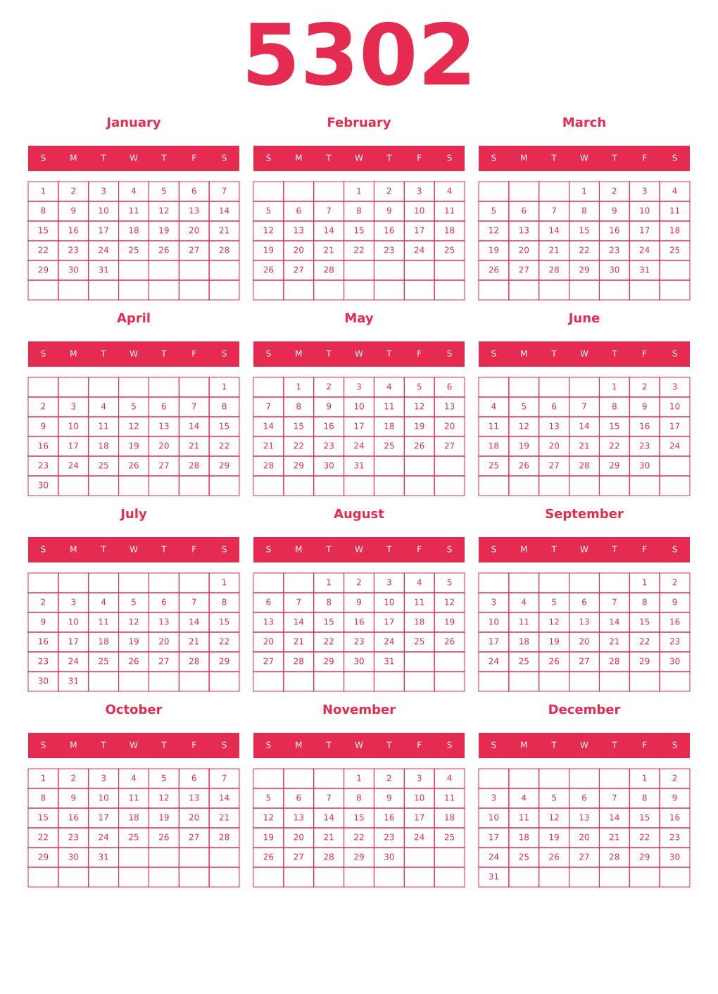 Printable 5302 Year Calendars amaranth