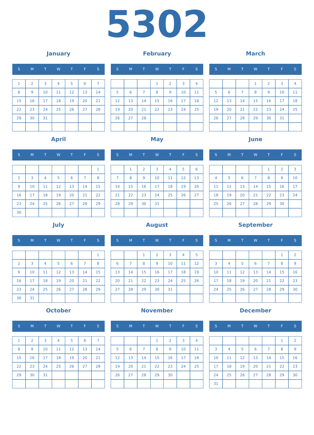 Printable 5302 Year Calendars blue
