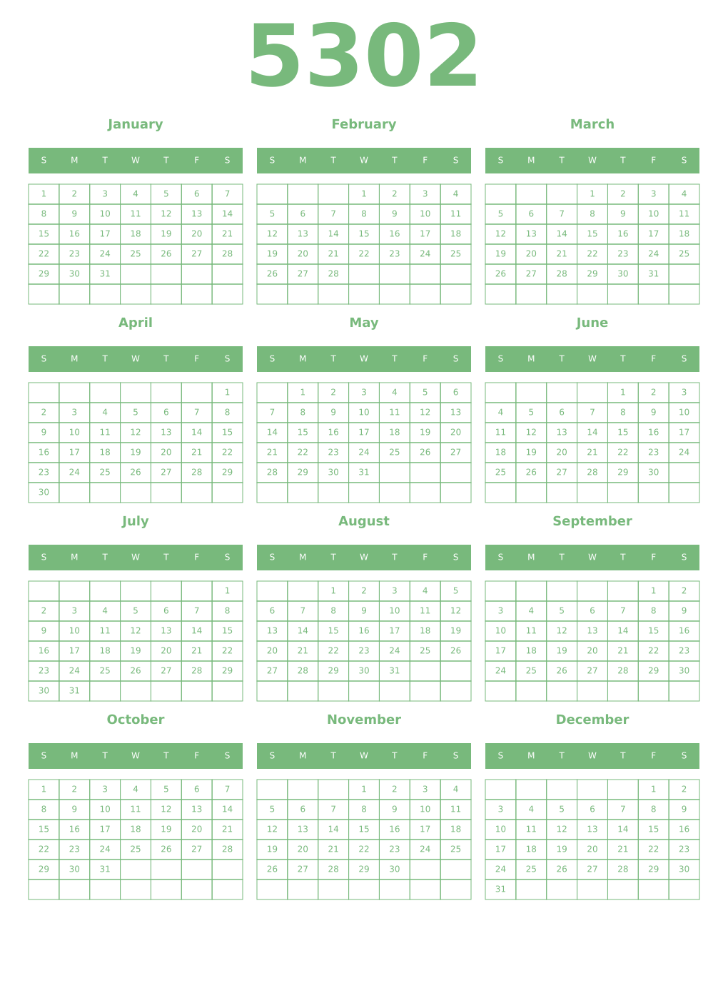 Printable 5302 Year Calendars celadon