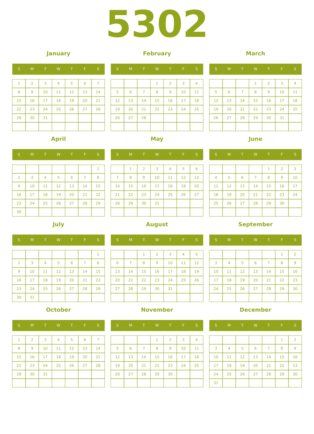 Printable 5302 Year Calendars chartreuse
