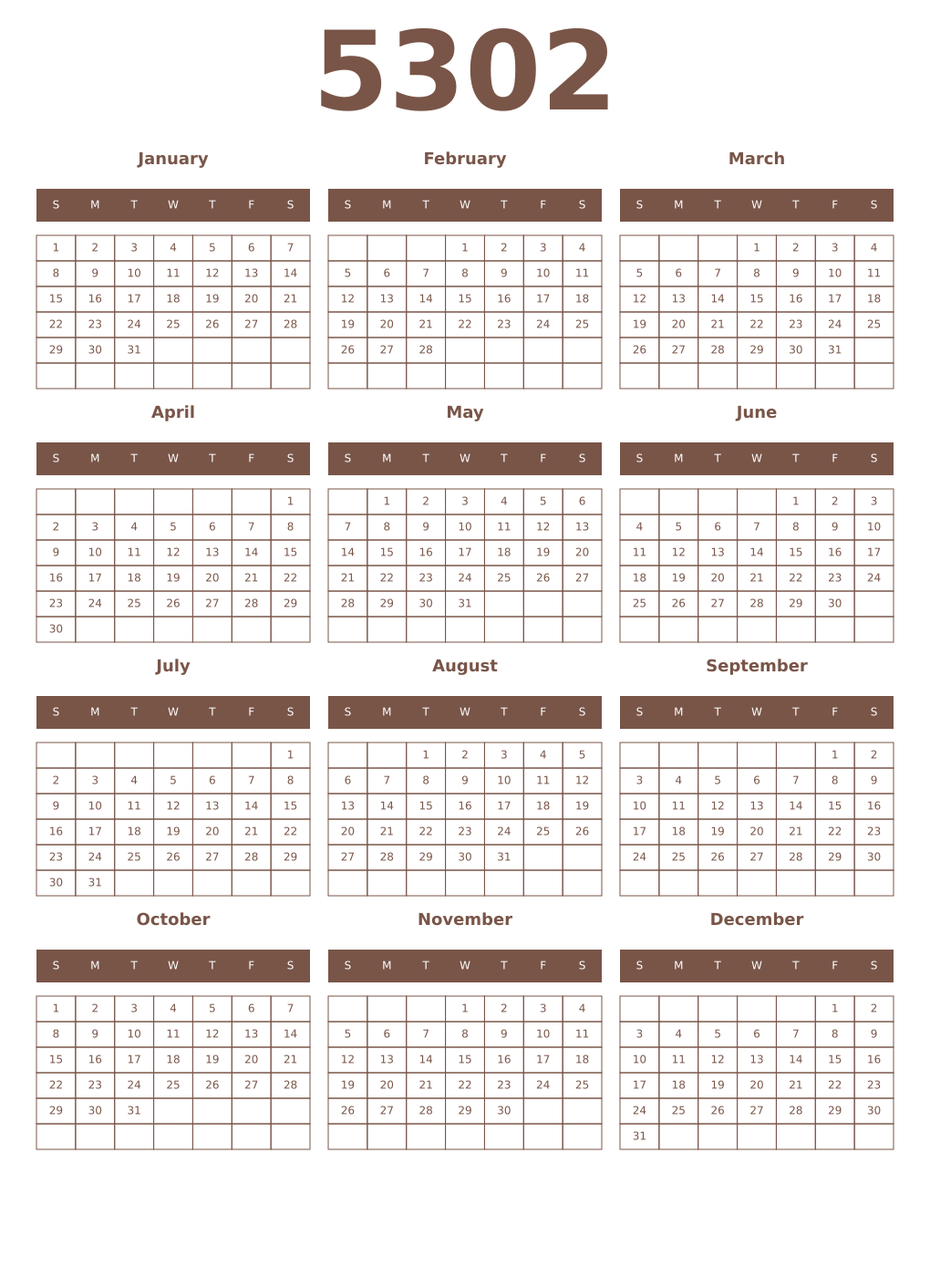 Printable 5302 Year Calendars coffe