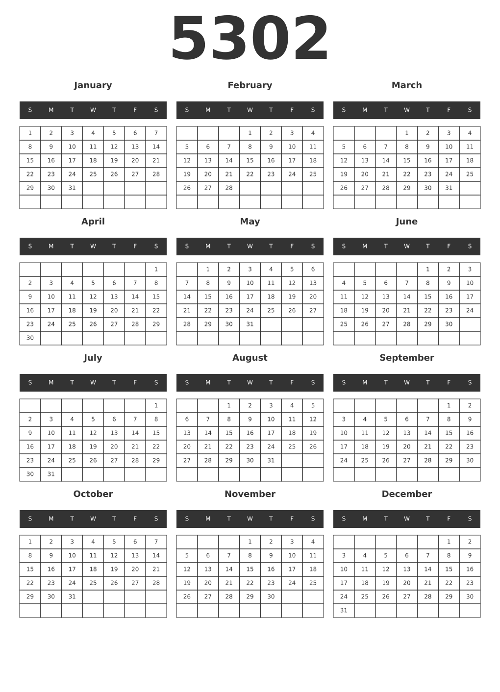 Printable 5302 Year Calendars dark