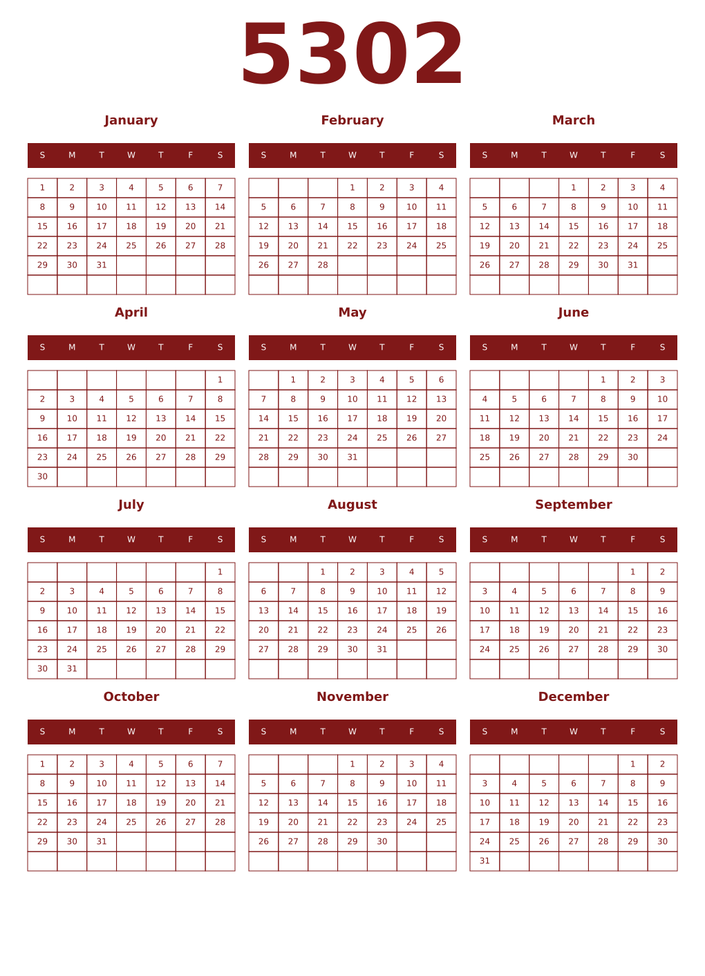 Printable 5302 Year Calendars falu