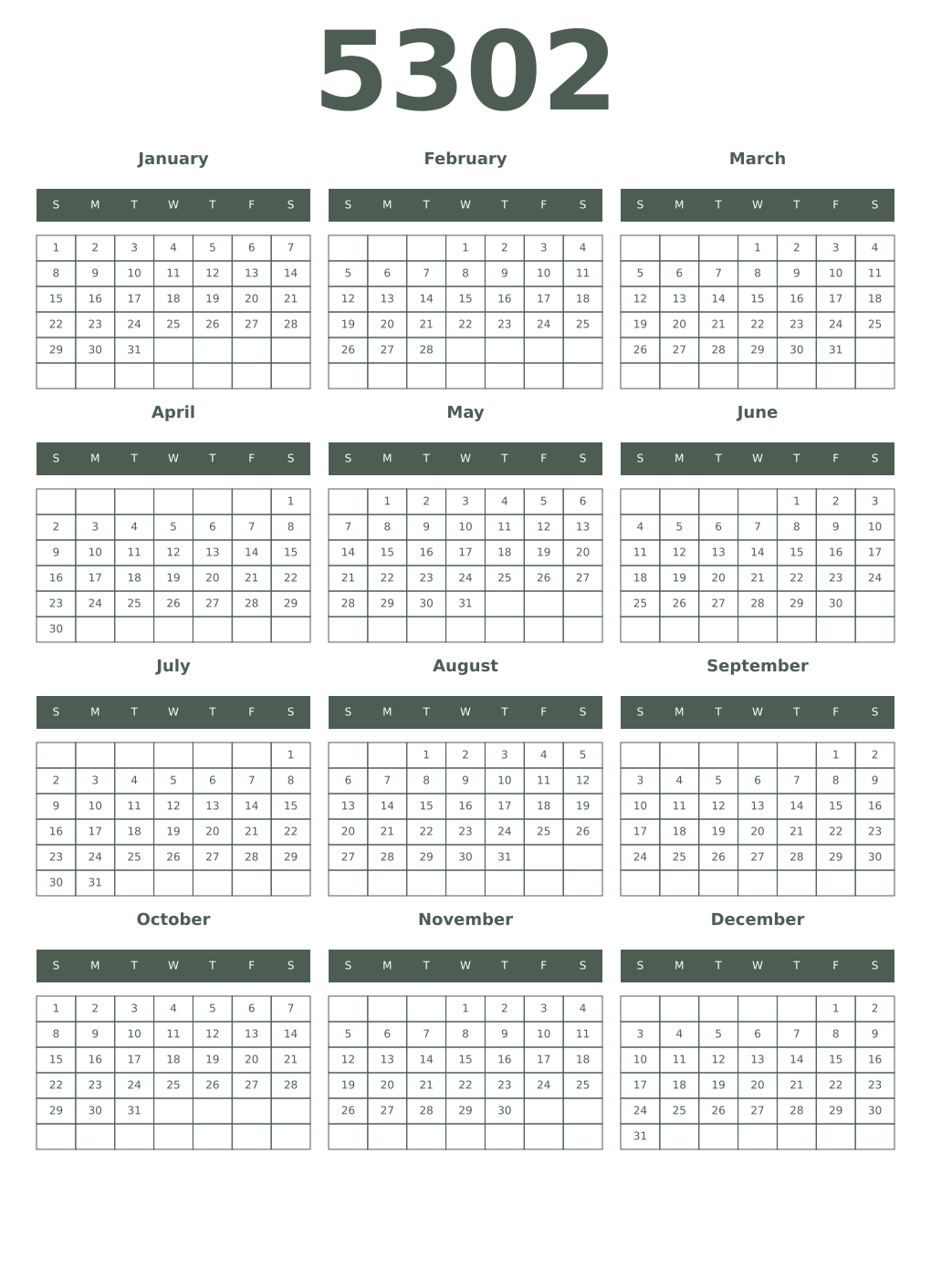 Printable 5302 Year Calendars feldgrau