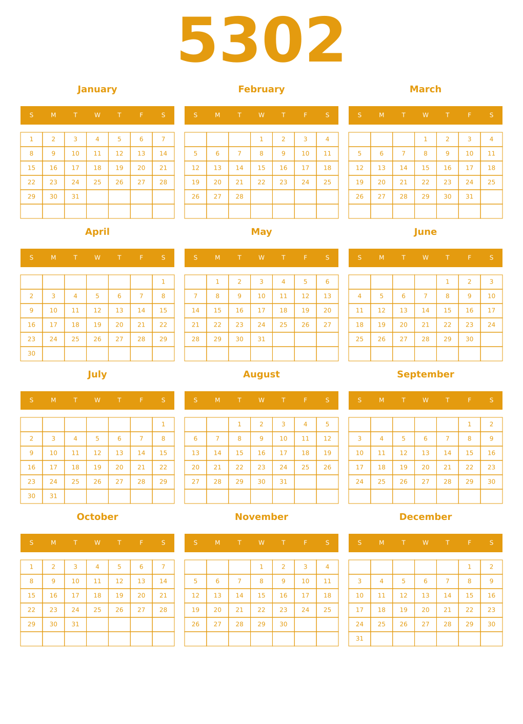Printable 5302 Year Calendars gamboge