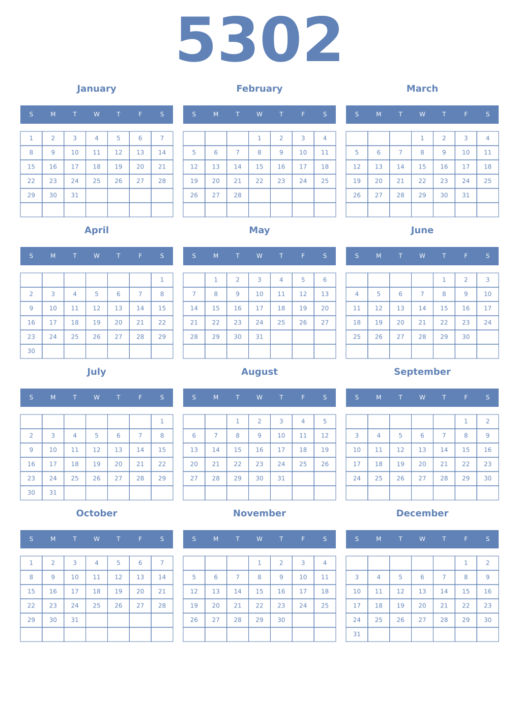 Printable 5302 Year Calendars glaucous