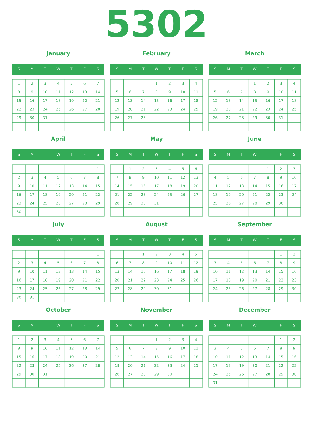 Printable 5302 Year Calendars green