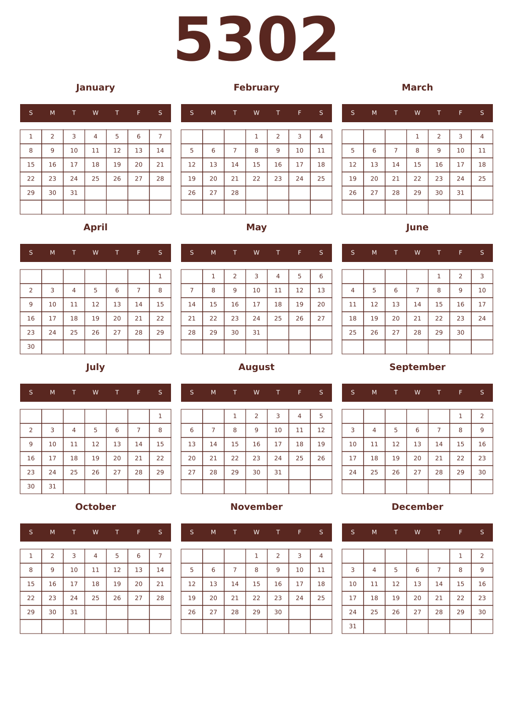 Printable 5302 Year Calendars mortuum