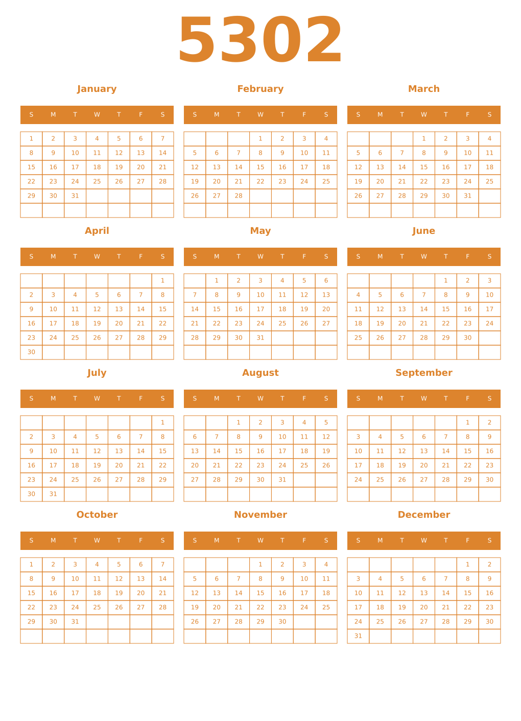 Printable 5302 Year Calendars orange