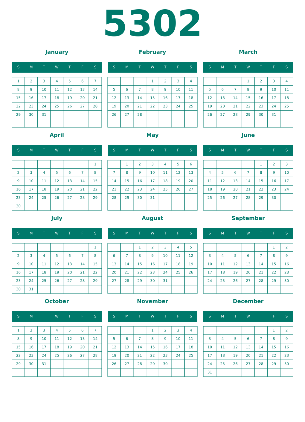 Printable 5302 Year Calendars pastel