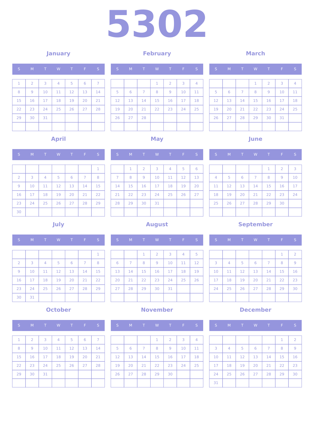 Printable 5302 Year Calendars periwinkle