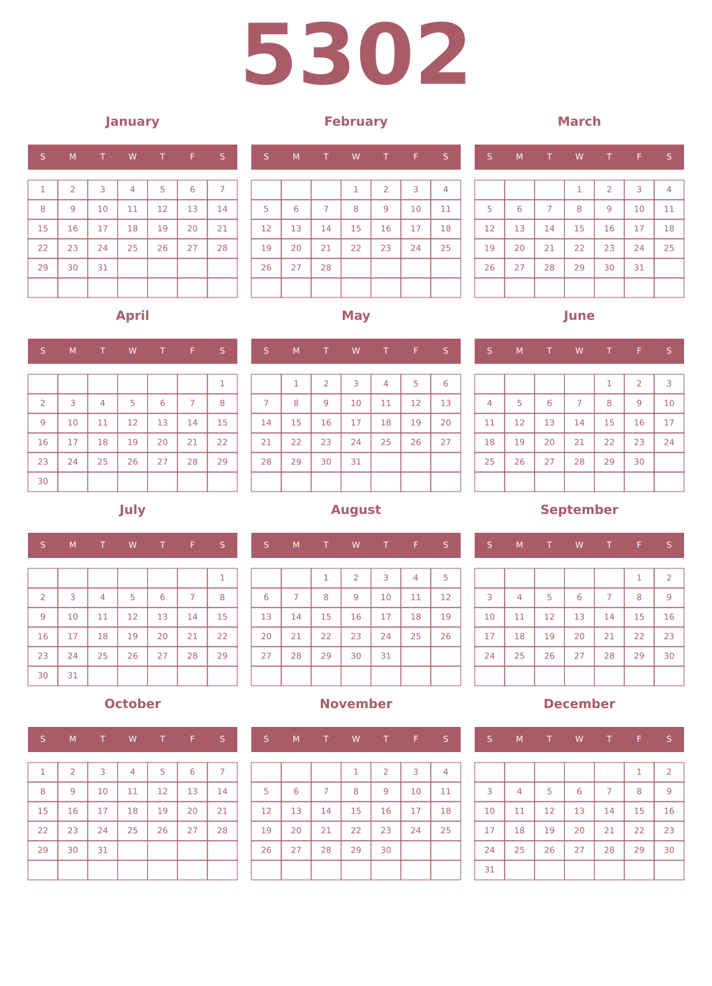Printable 5302 Year Calendars puce