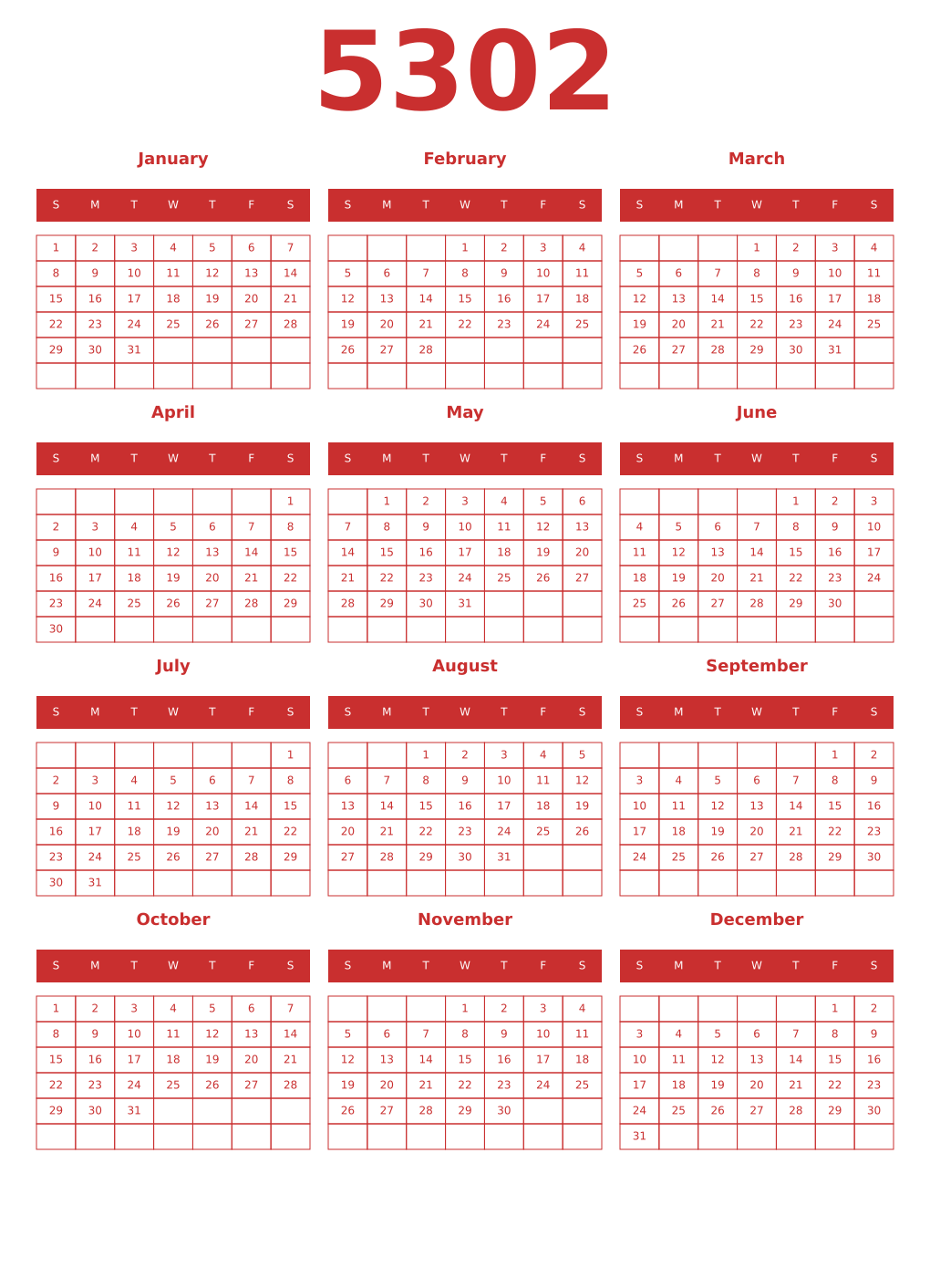 Printable 5302 Year Calendars red