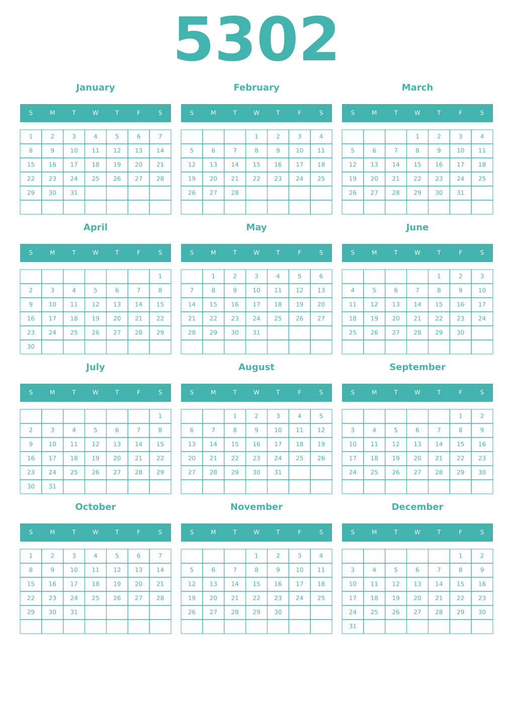 Printable 5302 Year Calendars verdigris