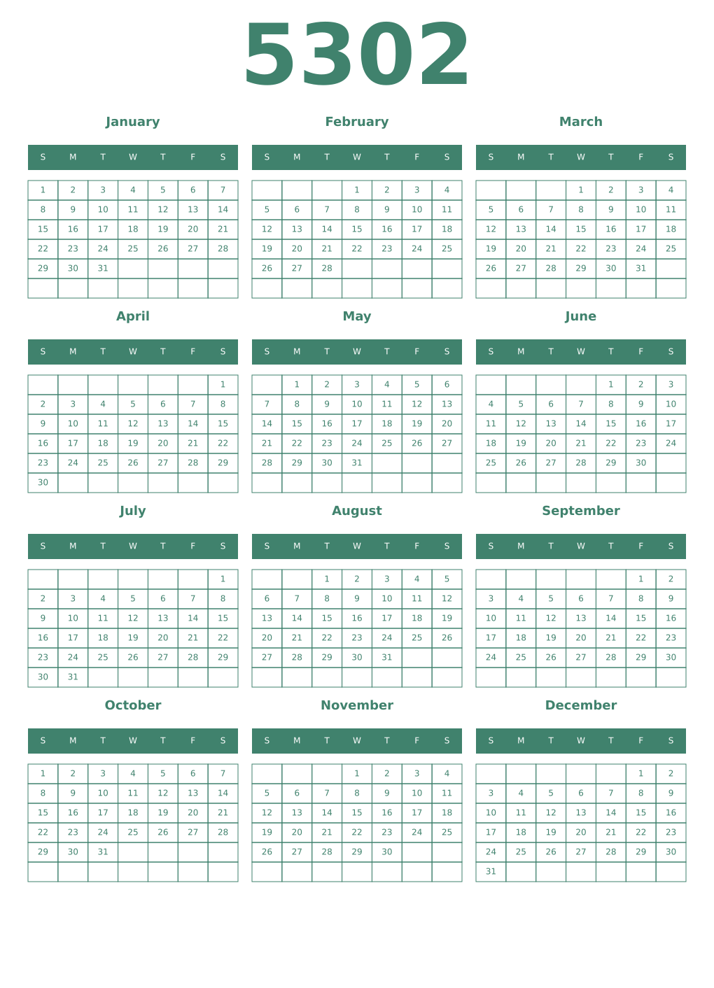 Printable 5302 Year Calendars viridian