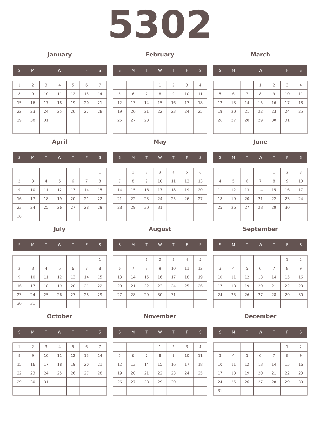Printable 5302 Year Calendars wenge