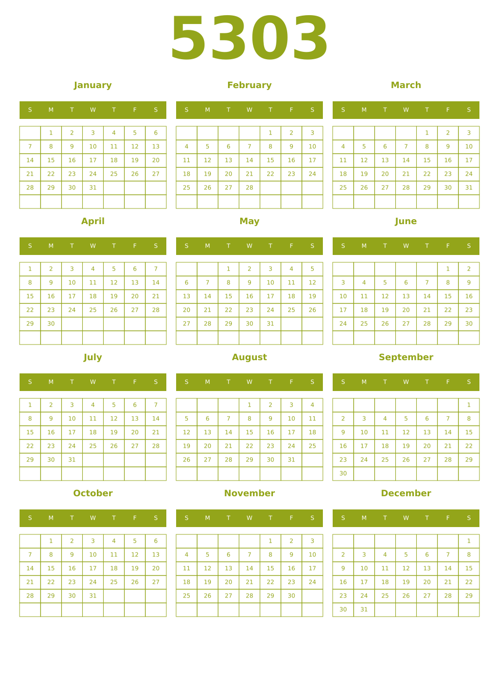 Printable 5303 Year Calendars chartreuse