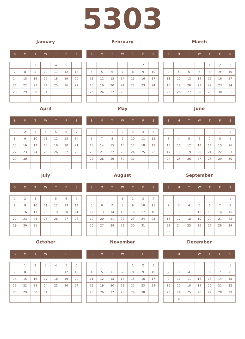 Printable 5303 Year Calendars coffe