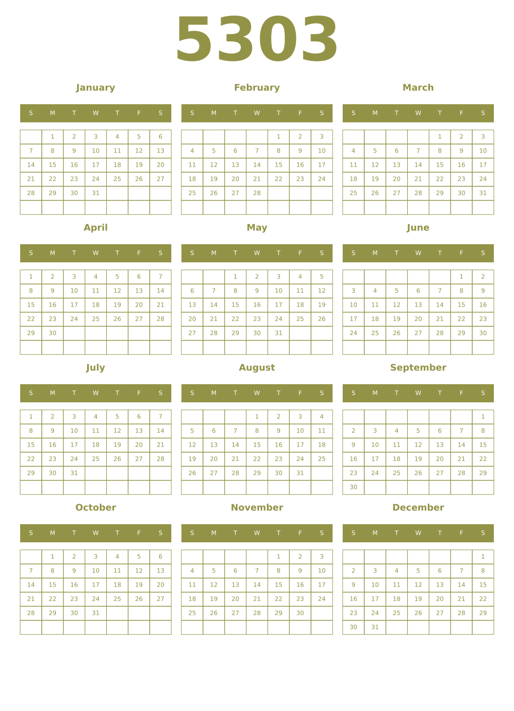 Printable 5303 Year Calendars eburnean