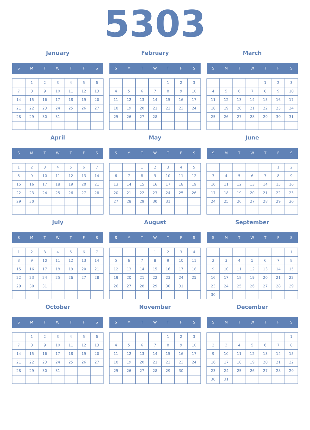 Printable 5303 Year Calendars glaucous