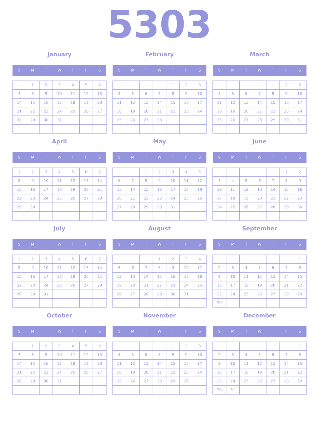 Printable 5303 Year Calendars periwinkle