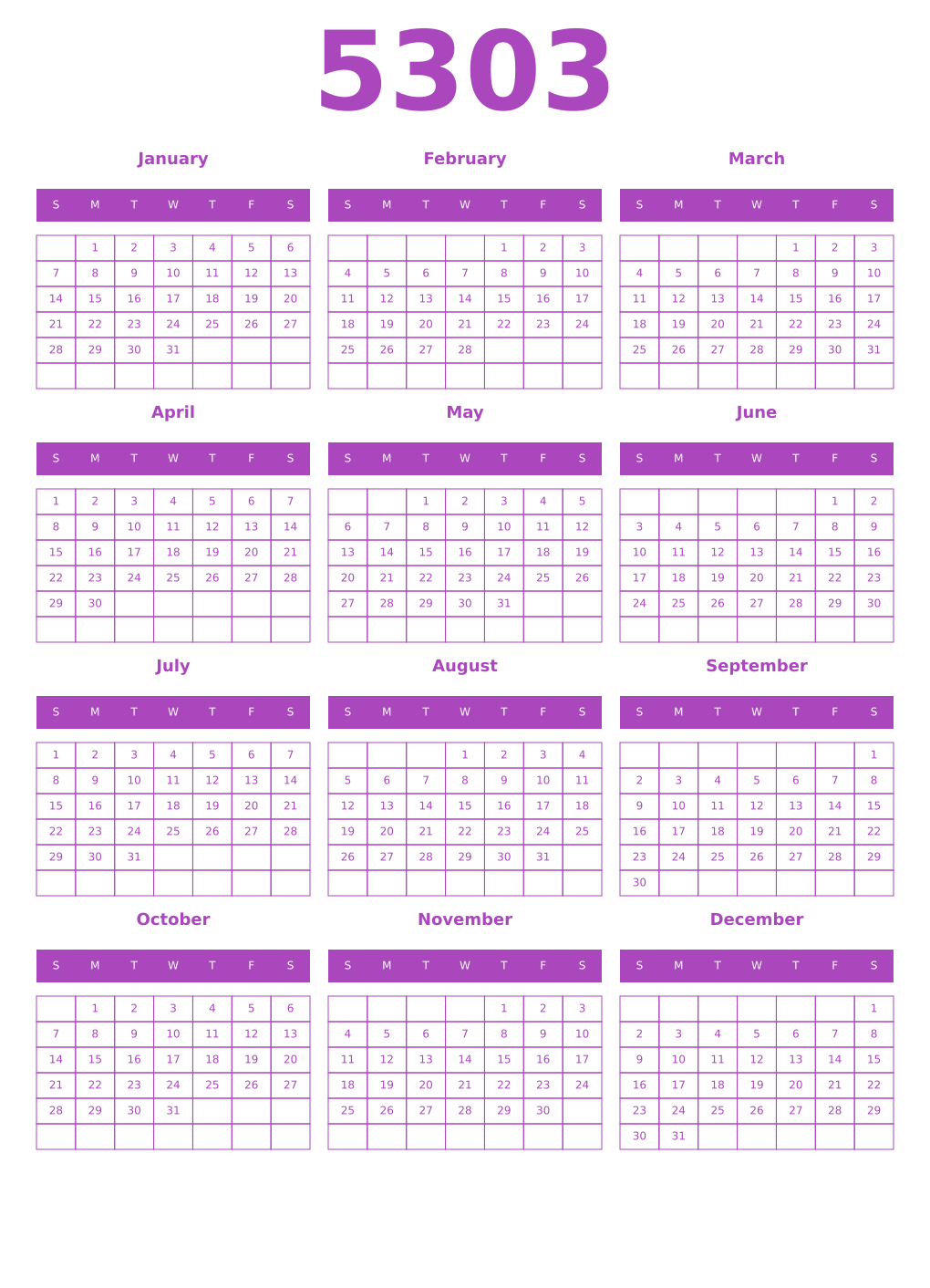 Printable 5303 Year Calendars purple