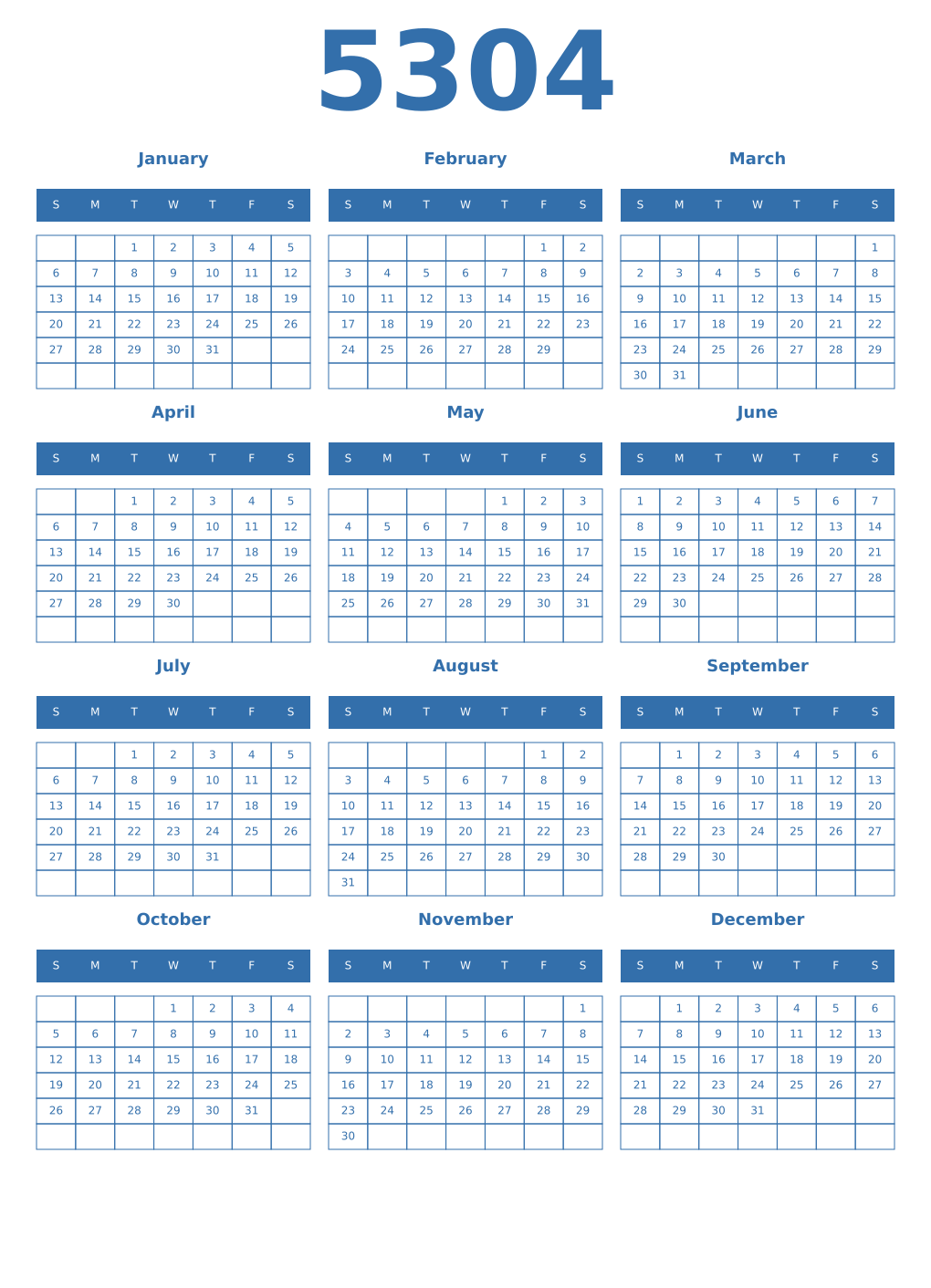 Printable 5304 Year Calendars blue