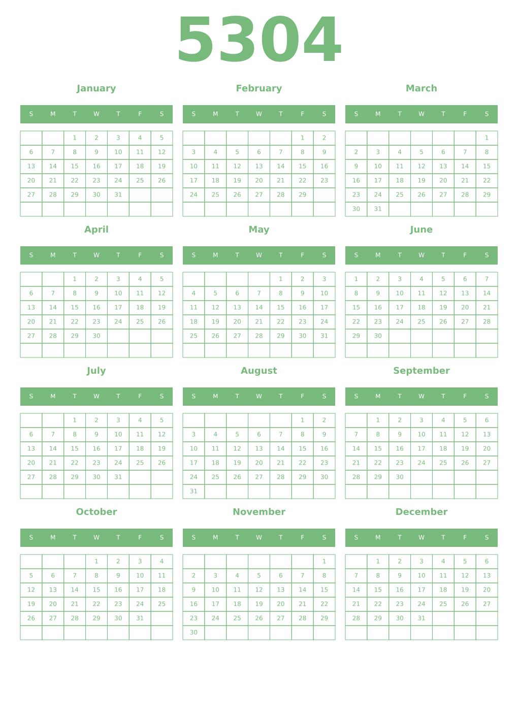 Printable 5304 Year Calendars celadon