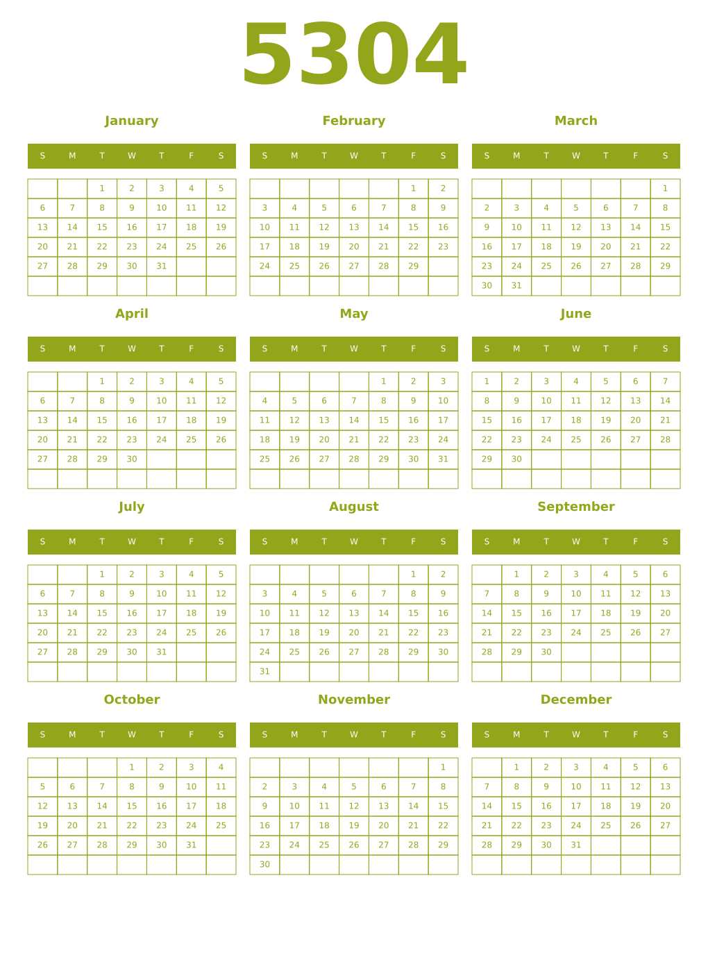 Printable 5304 Year Calendars chartreuse