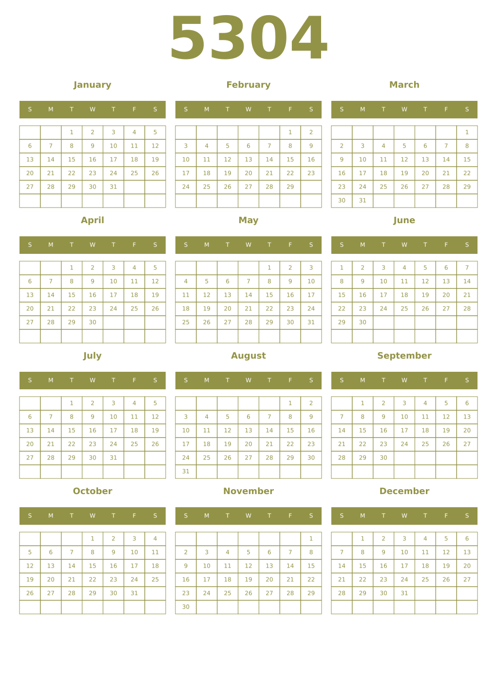 Printable 5304 Year Calendars eburnean