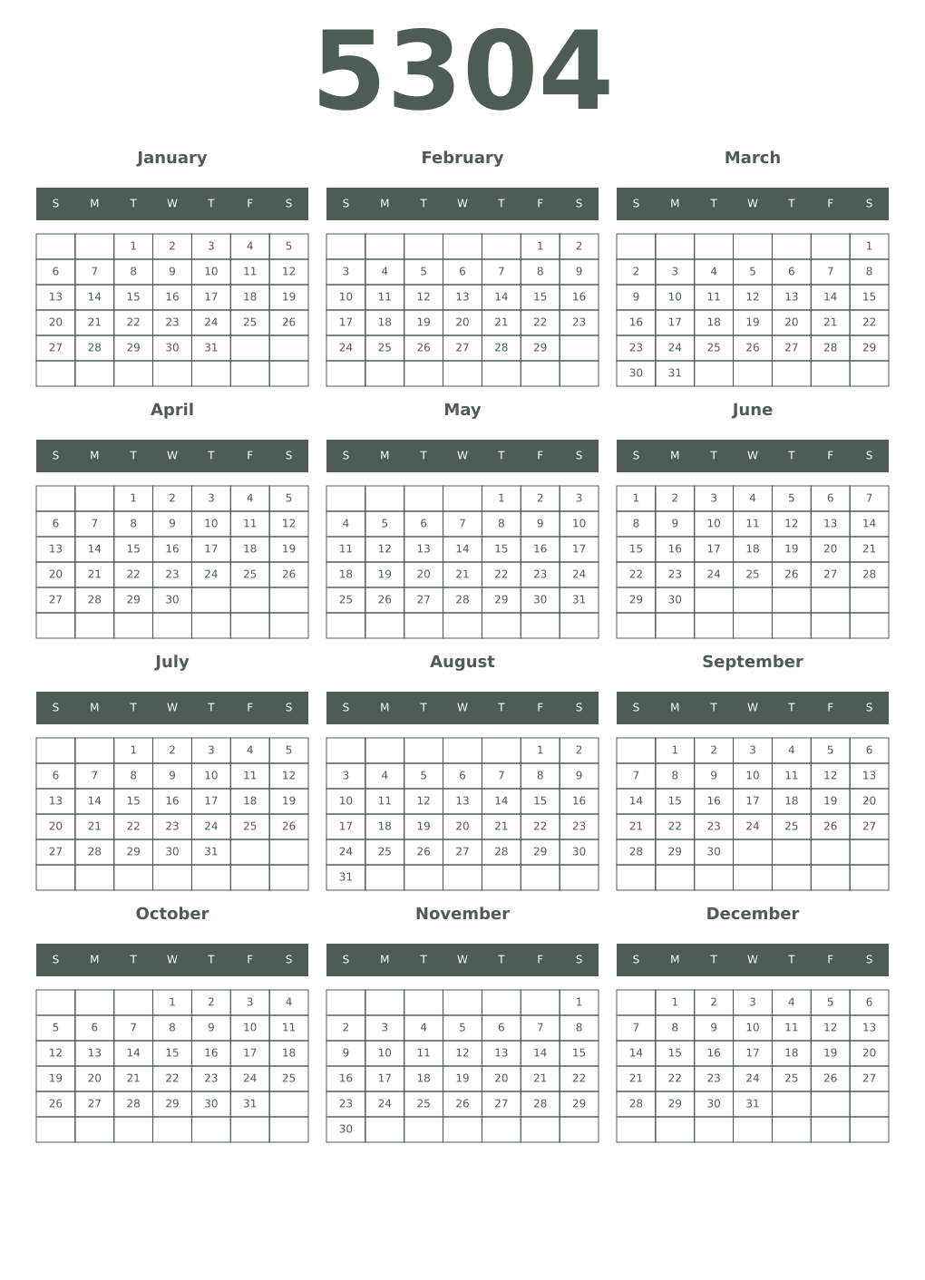 Printable 5304 Year Calendars feldgrau