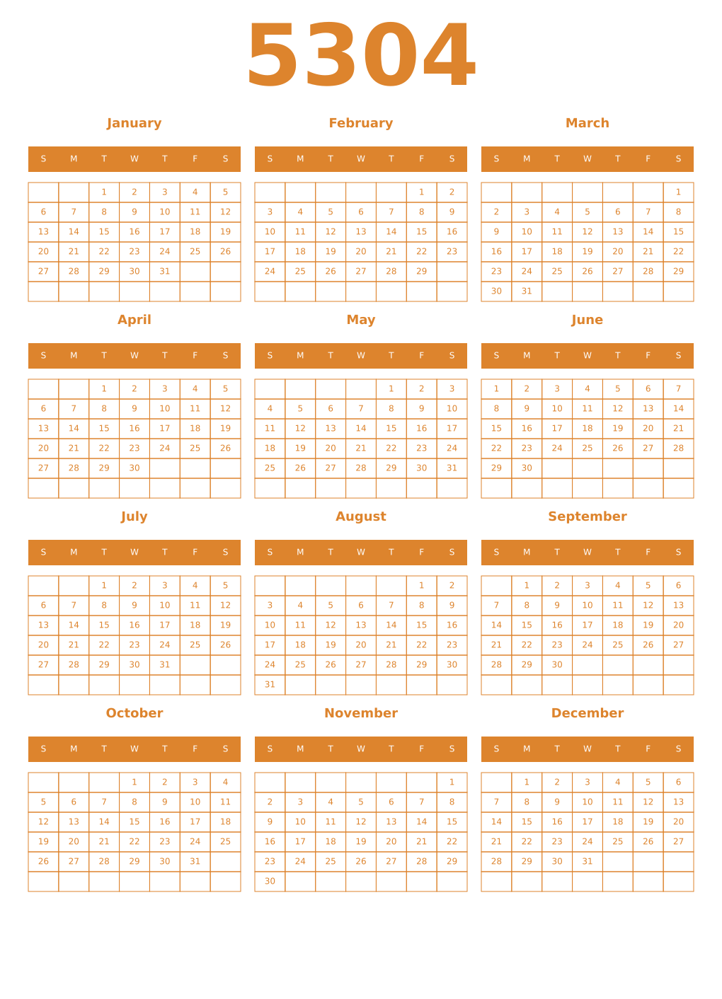 Printable 5304 Year Calendars orange