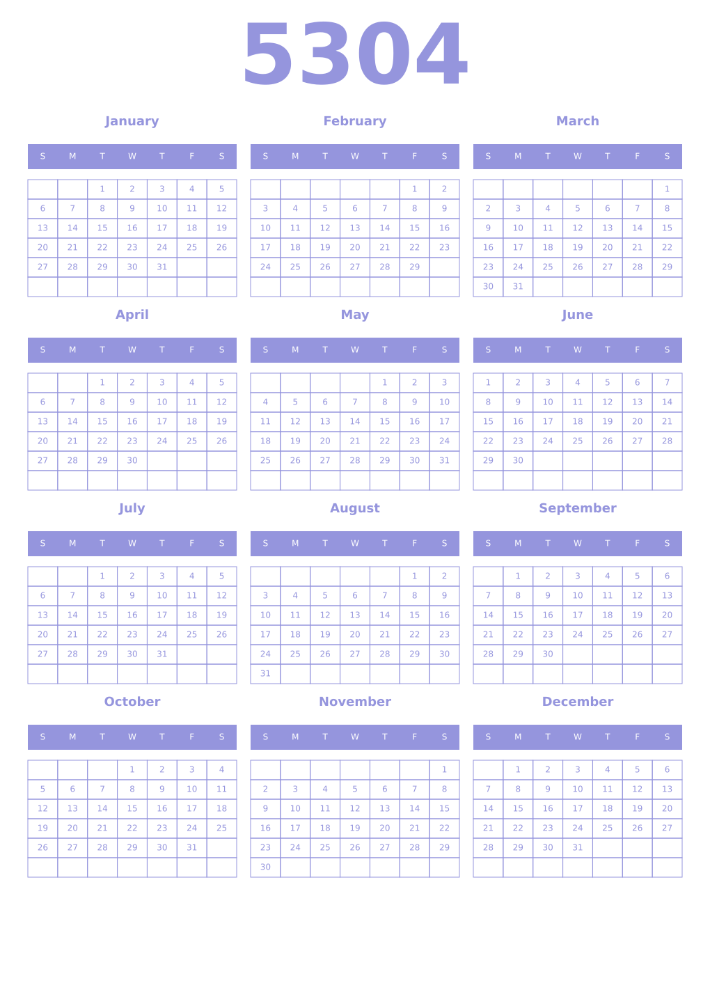 Printable 5304 Year Calendars periwinkle