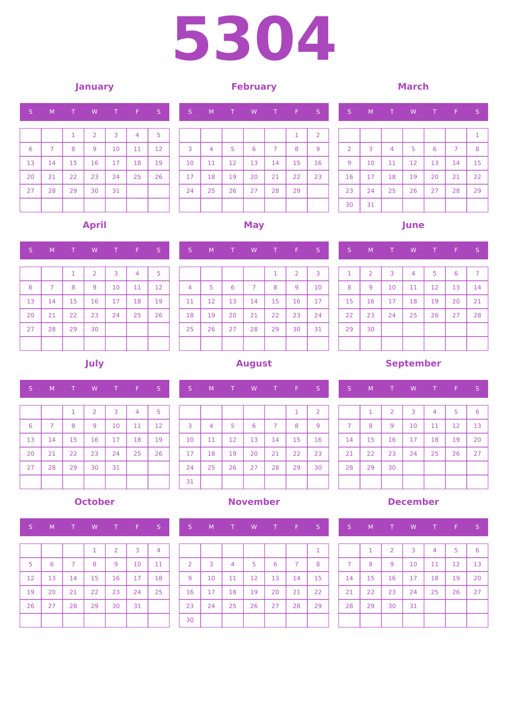 Printable 5304 Year Calendars purple