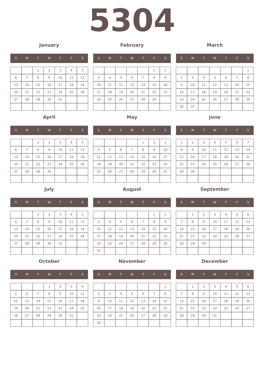 Printable 5304 Year Calendars wenge