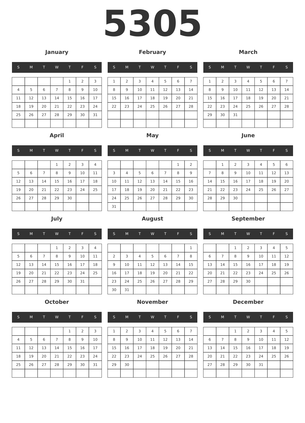 Printable 5305 Year Calendars dark