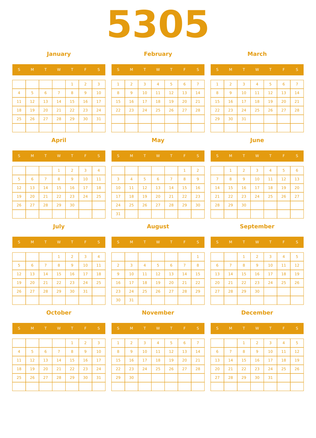 Printable 5305 Year Calendars gamboge