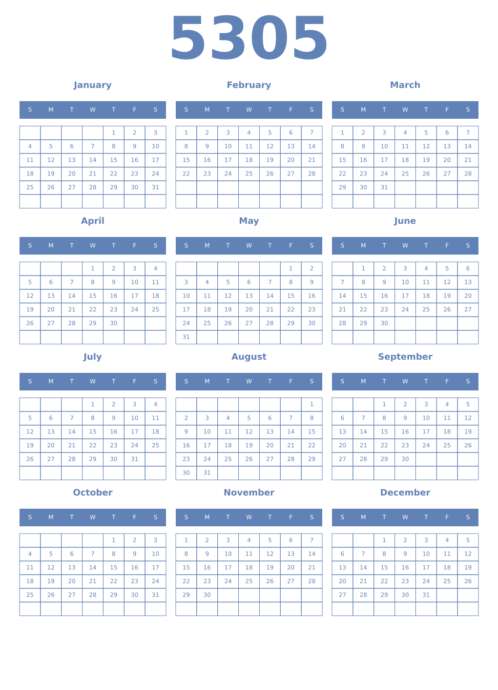 Printable 5305 Year Calendars glaucous