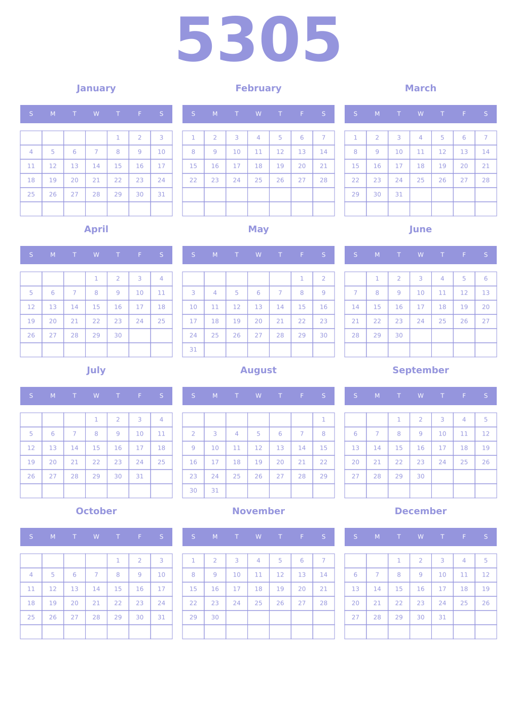 Printable 5305 Year Calendars periwinkle