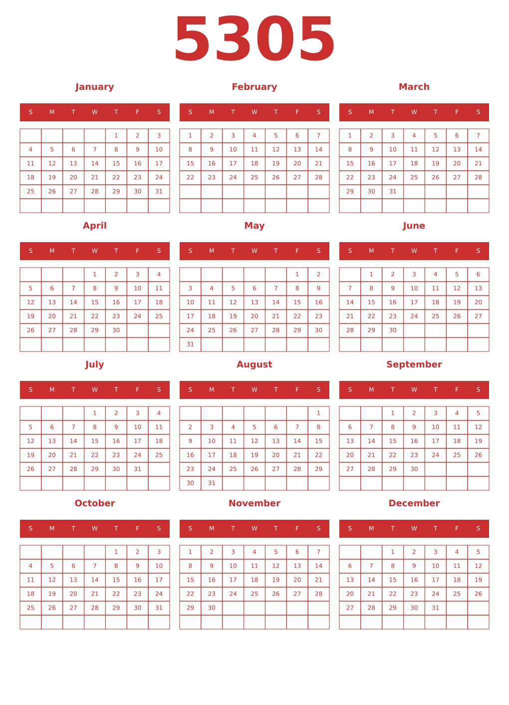 Printable 5305 Year Calendars red