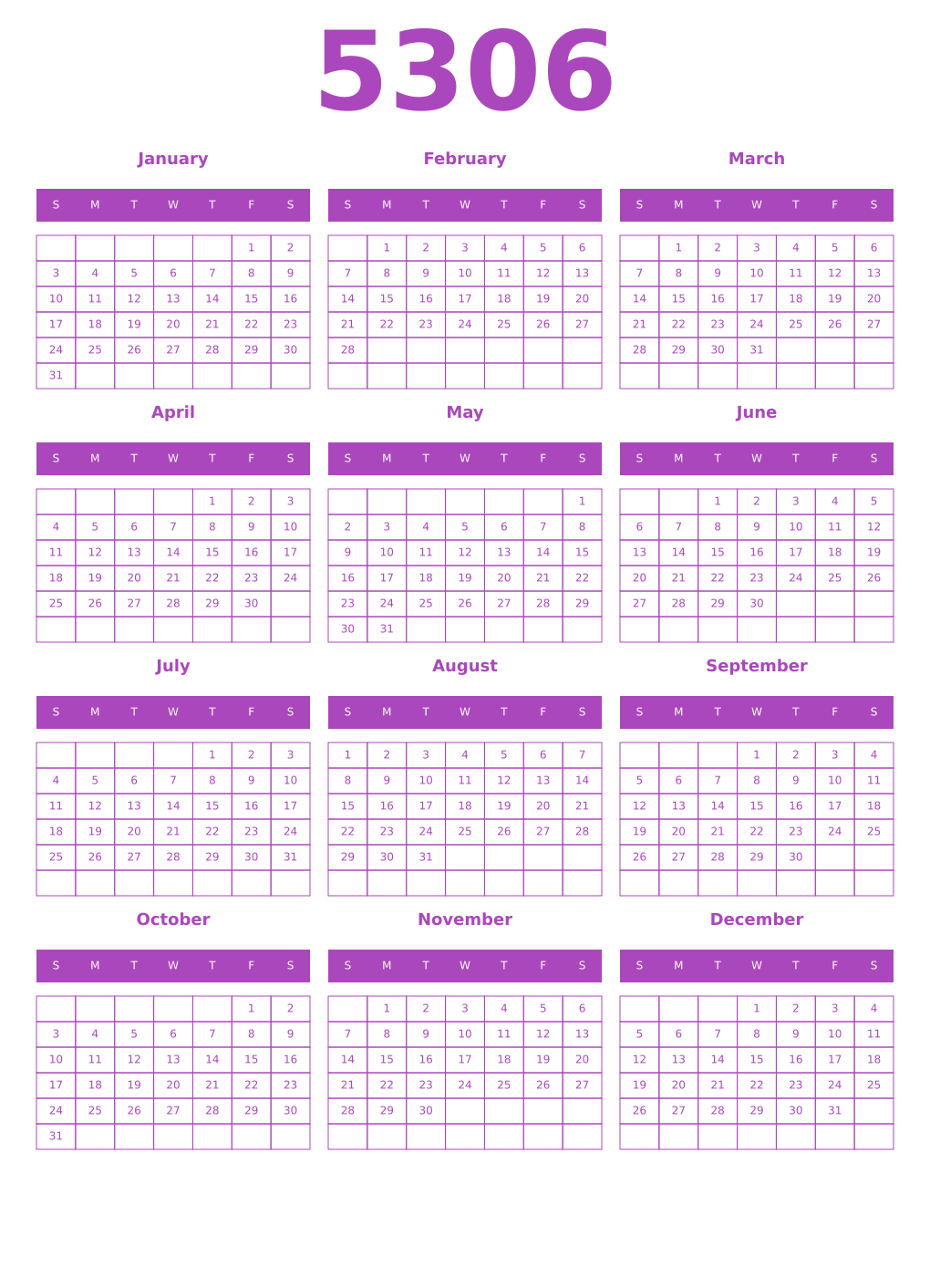 Printable 5306 Calendars